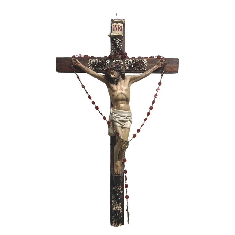 Vintage Wooden Crucifix  Rosary Beads & Jesus Figure READ SEE